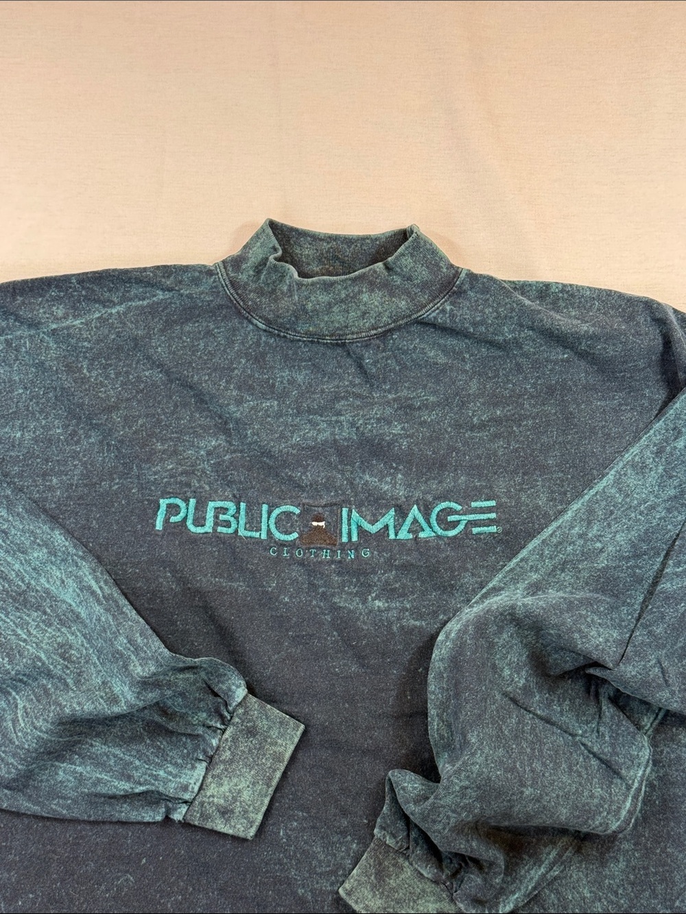 90s Vintage Public Image Clothing Acid Wash Mock Neck Long Sleeve Teal XL